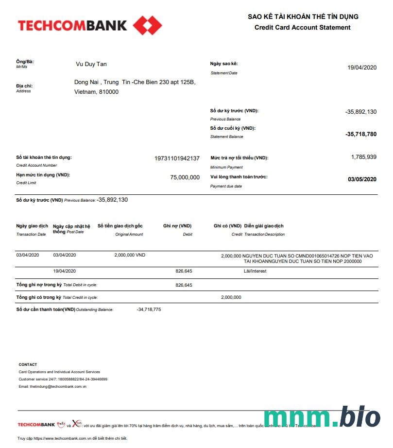 Vietnam Techcombank szablon w formacie excel pdf
